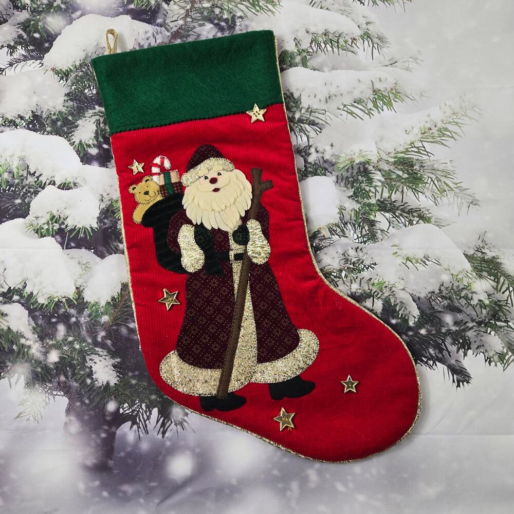 Vintage Old World Santa Red Corduroy Christmas Stocking Applique Star Buttons